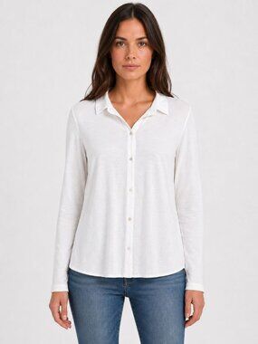 Eileen Fisher White Organic Cotton Button Front Shirt Large Collared Knit Top